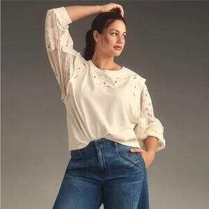 Anthropologie Ivory Embroidered Cutwork Sweatshirt